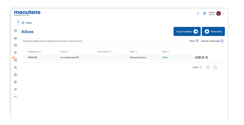 Tela de gestão de ativos